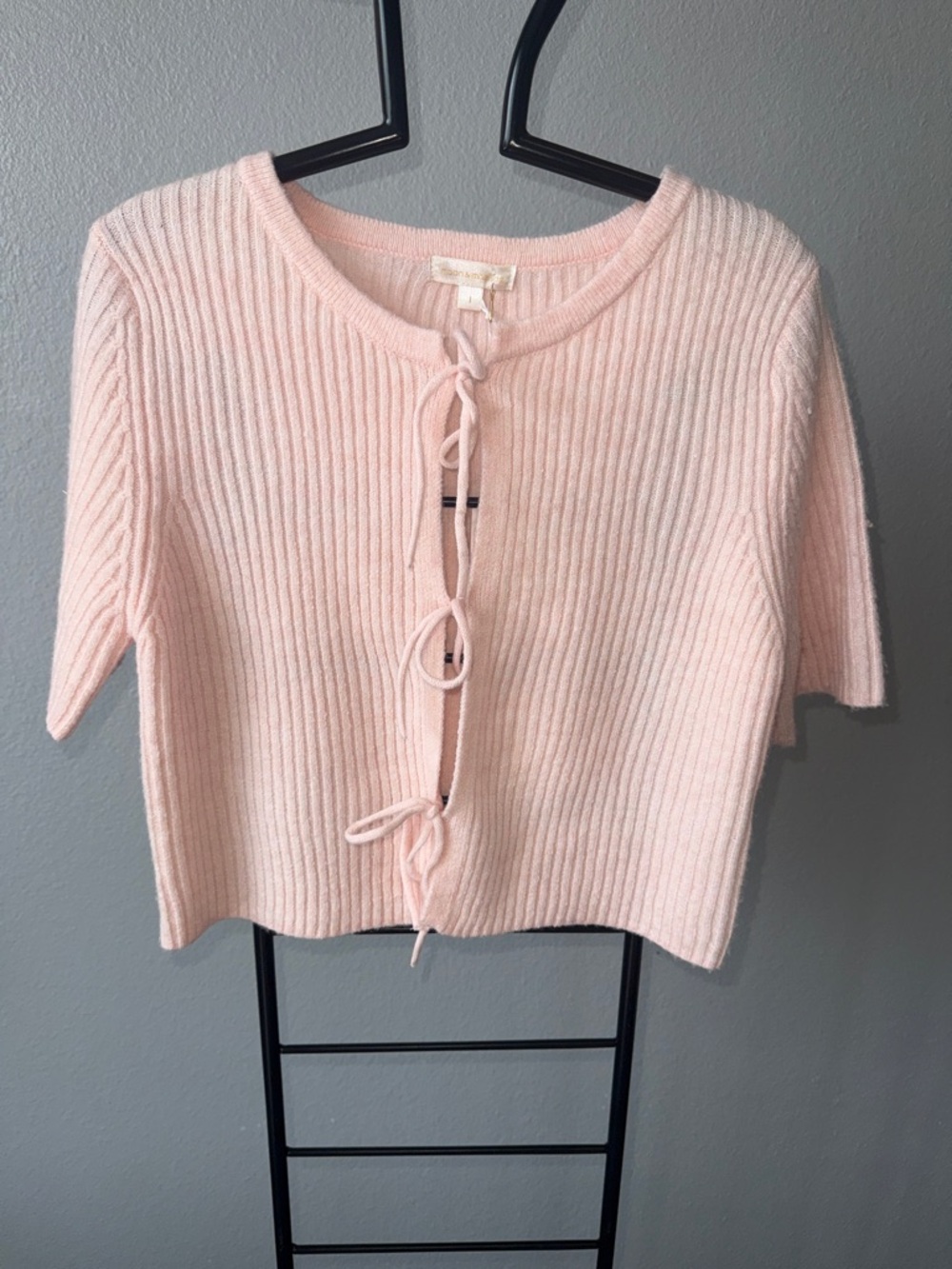 Soft Pink Ribbed Tie-Front Knit Top